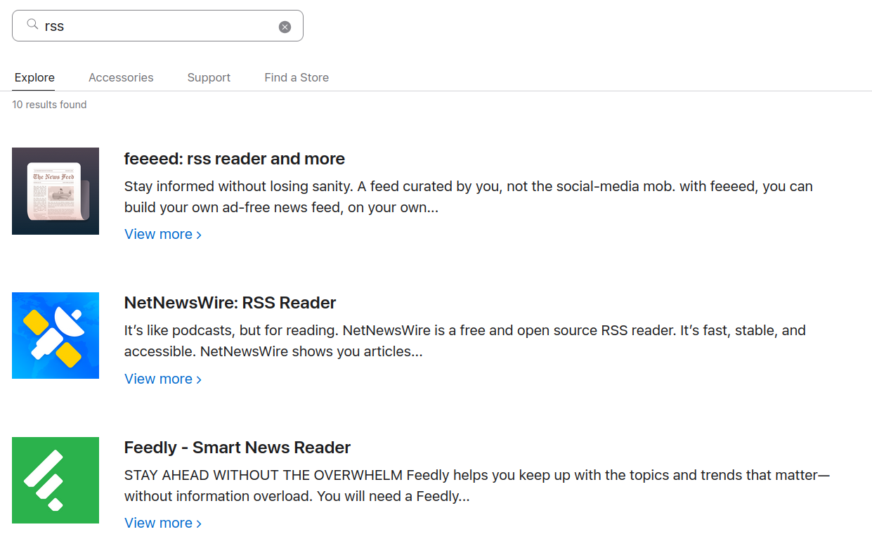 Capture d'écran des applications de RSS pour Apple On voit : "feeeed: rss reader and more", "NetNewsWire: RSS Reader" et "Feedly - Smart News Reader".